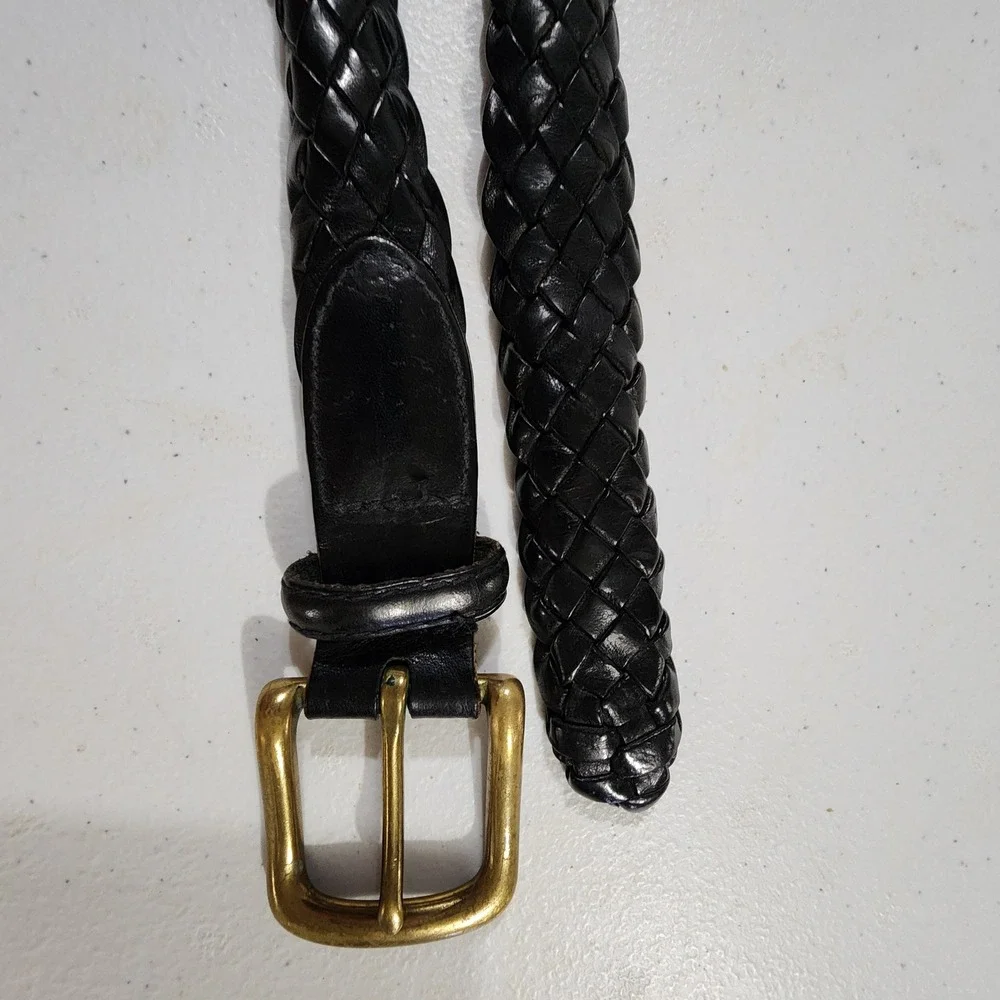 Eddie Bauer Mens Braided Leather Belt Black Solid Brass Buckle Size M